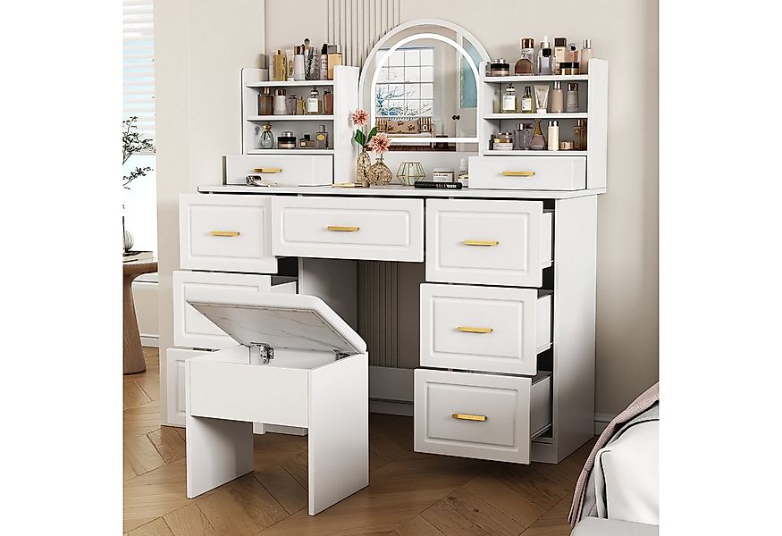 Flieks Schminktisch, Schminkkommode 120x40x135cm mit Hocker und LED-Spiegel günstig online kaufen