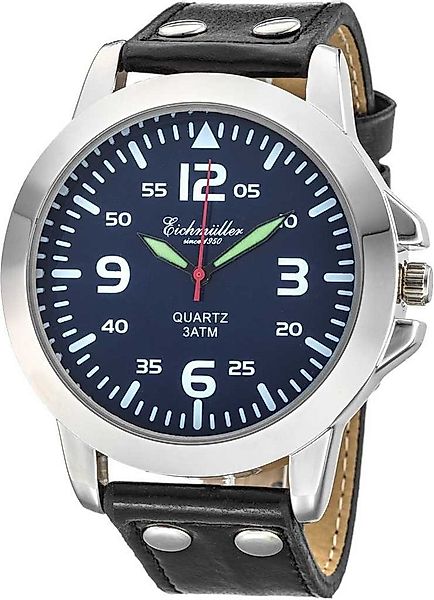 Eichmüller Quarzuhr Herrenuhr blaues Zifferblatt, schwarzes Lederarmband & günstig online kaufen