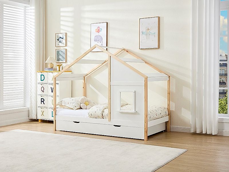 Häuschenbett 90 x 190 cm – Mit Schublade + Matratze – Kiefer & MDF – Weiß/N günstig online kaufen