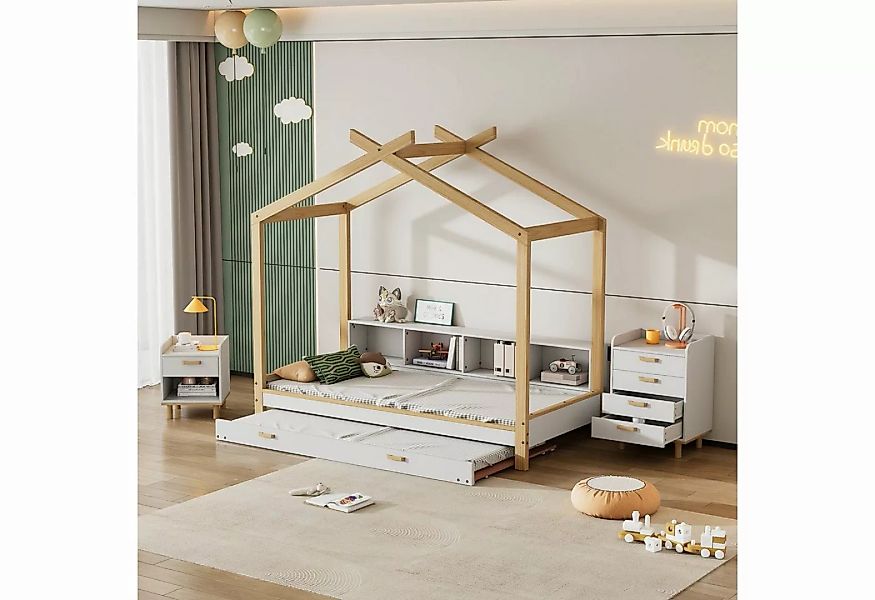 OKWISH Kinderbett mit vier Fächern Regale, mit ausziehbarem Rollbett (Hausb günstig online kaufen