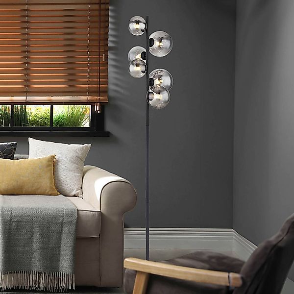 Stehleuchte Riha, Höhe 155 cm, schwarz/rauchfarben, 6-flg. günstig online kaufen