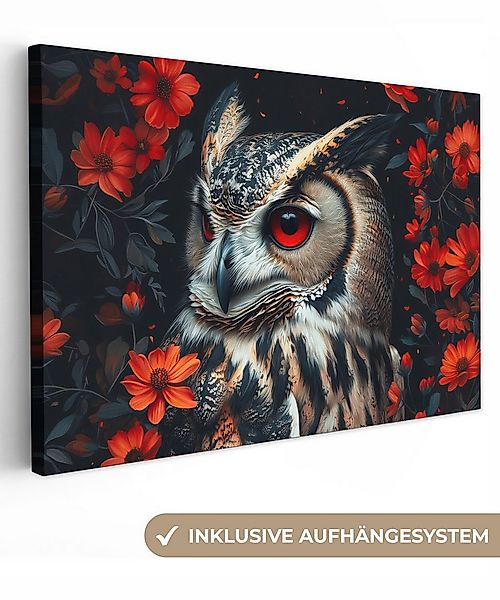OneMillionCanvasses® Leinwandbild Eule - Waldtiere - Rote Blumen - Natur, F günstig online kaufen