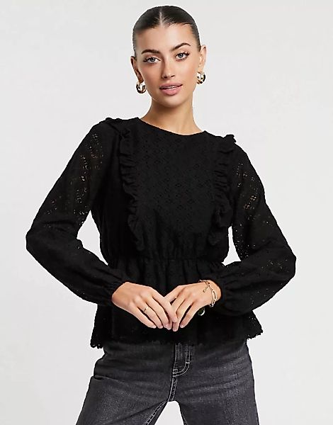 Vero Moda – Bluse mit Ballonärmeln und Schößchen aus Spitze in Schwarz günstig online kaufen