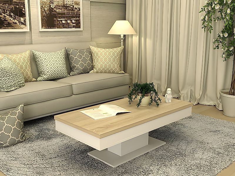 Couchtisch mit Stauraum - Eichenholz-Optik - Weiß - ASTULIA günstig online kaufen