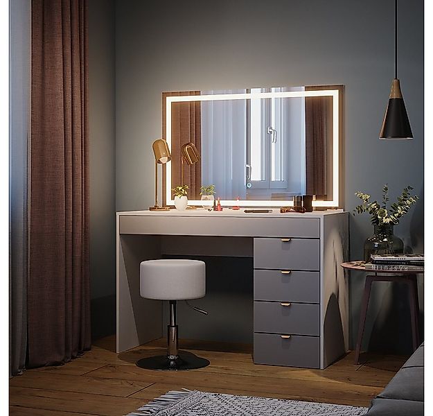Vicco Schminktisch Elise, Weiß/Grau, 115 cm mit LED Spiegel und Hocker günstig online kaufen