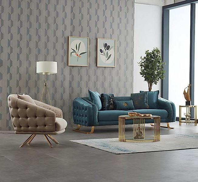 JVmoebel Sofa Komplette Couchgarnitur Polstersofa Dreisitzer Stoffsofa Blau günstig online kaufen