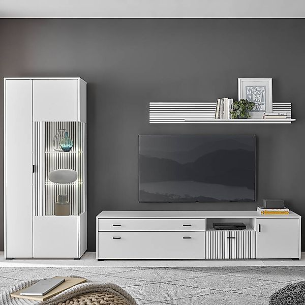 TV Wohnwand mit Lowboard 200cm weiß matt schwarz gerillt HUNTER-61, 3-teili günstig online kaufen