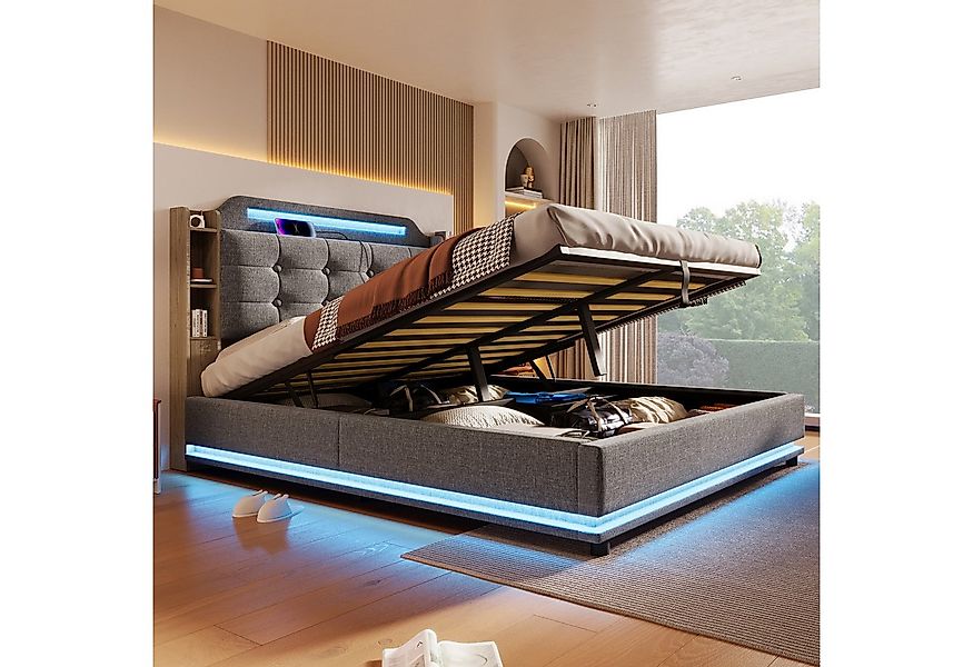 TavilaEcon Boxspringbett aus Leinenstoff und MDF-Umweltplatten, mit LED-Lic günstig online kaufen