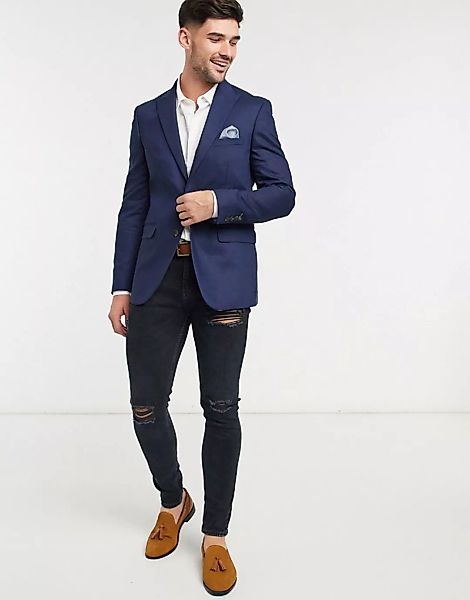 Burton Menswear – Schmal geschnittene Anzugjacke aus Leinen in Mittelblau günstig online kaufen