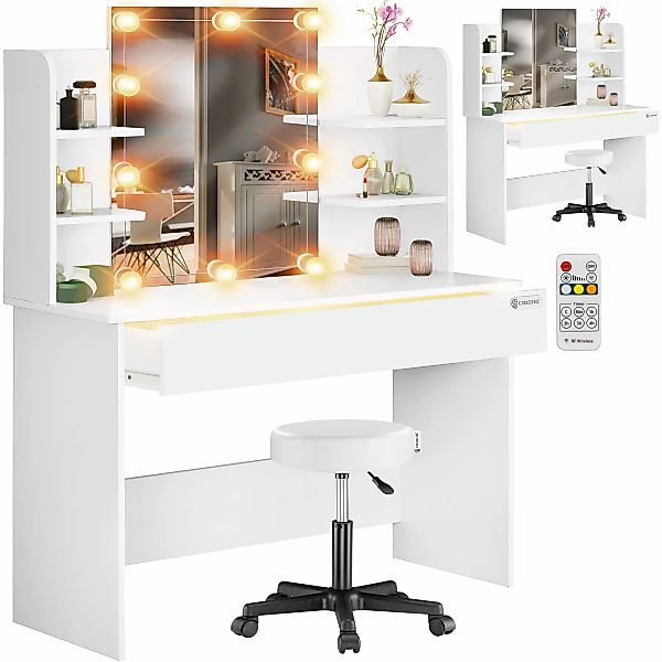 Schminktisch Lucia Weiß 140x110x40cm mit LED + Rollhocker günstig online kaufen