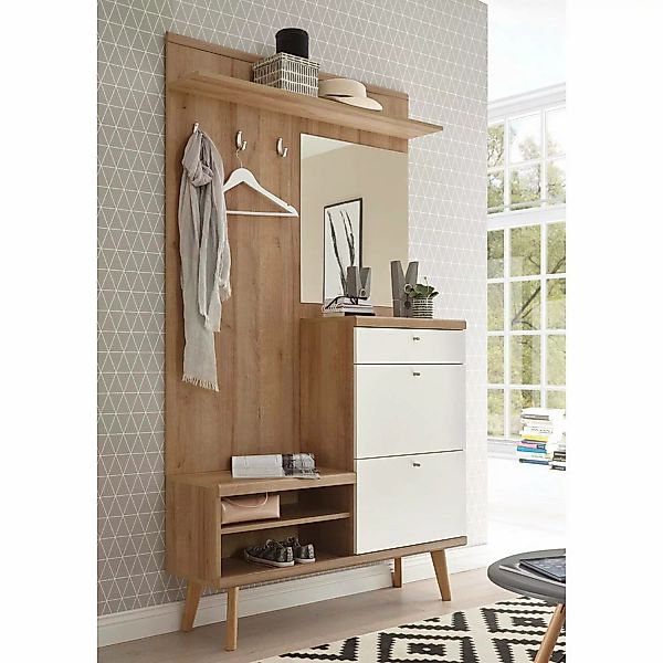 Kompakt-Garderobe MAINZ-61 im Retro Design weiß matt mit Eiche Riviera Nb. günstig online kaufen