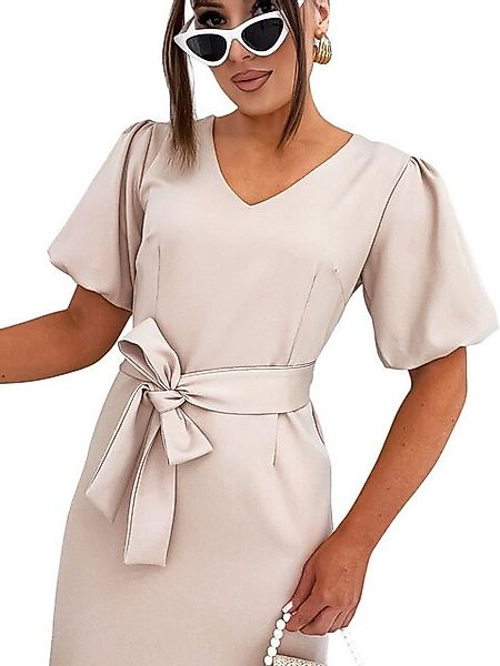 EloModa Midikleid Elegantes Damenkleid mit Gürtel und Puffärmeln Mittellang günstig online kaufen