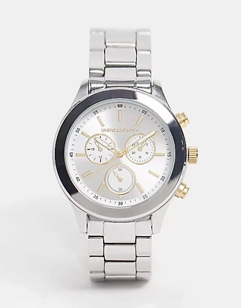 ASOS DESIGN – Silberfarbige Armbanduhr mit goldfarbenen Details günstig online kaufen