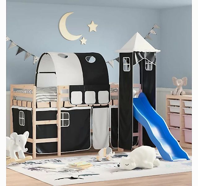 vidaXL Kinderbett Kinderhochbett mit Turm Weiß Schwarz 80x200 cm Kiefernhol günstig online kaufen