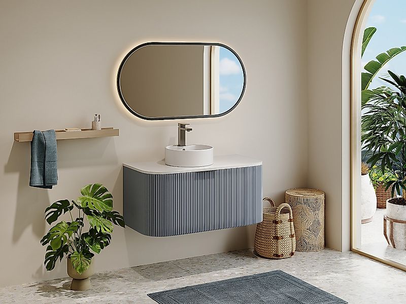 Waschbeckenunterschrank hängend - Streifenoptik - Blau matt - 100 cm - LOME günstig online kaufen