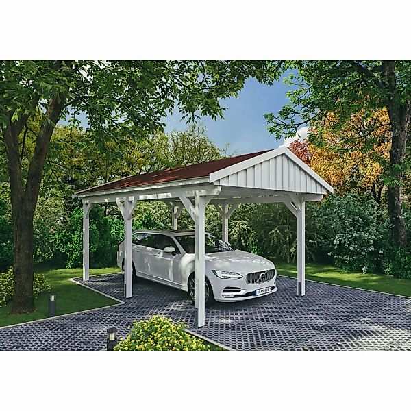 Skan Holz Carport Fichtelberg 317 cm x 566 cm Rote Schindeln Weiß günstig online kaufen