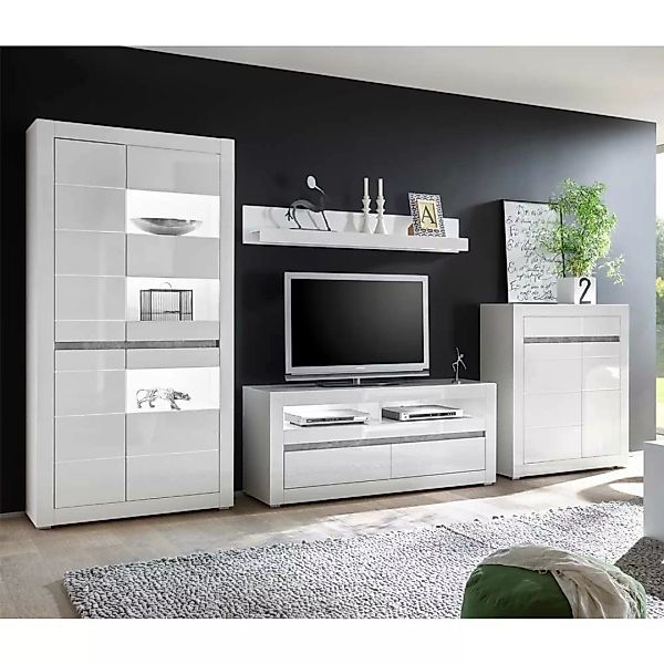 Wohnkombination in Hochglanz Weiß und Beton Grau 350 cm breit (vierteilig) günstig online kaufen