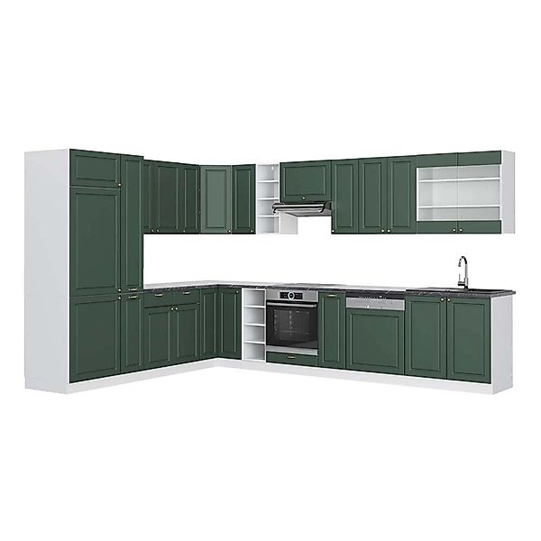 Vicco Fame-Line Eckküche Grün-Gold Landhaus/Weiß 347 x 257 cm AP Anthrazit günstig online kaufen