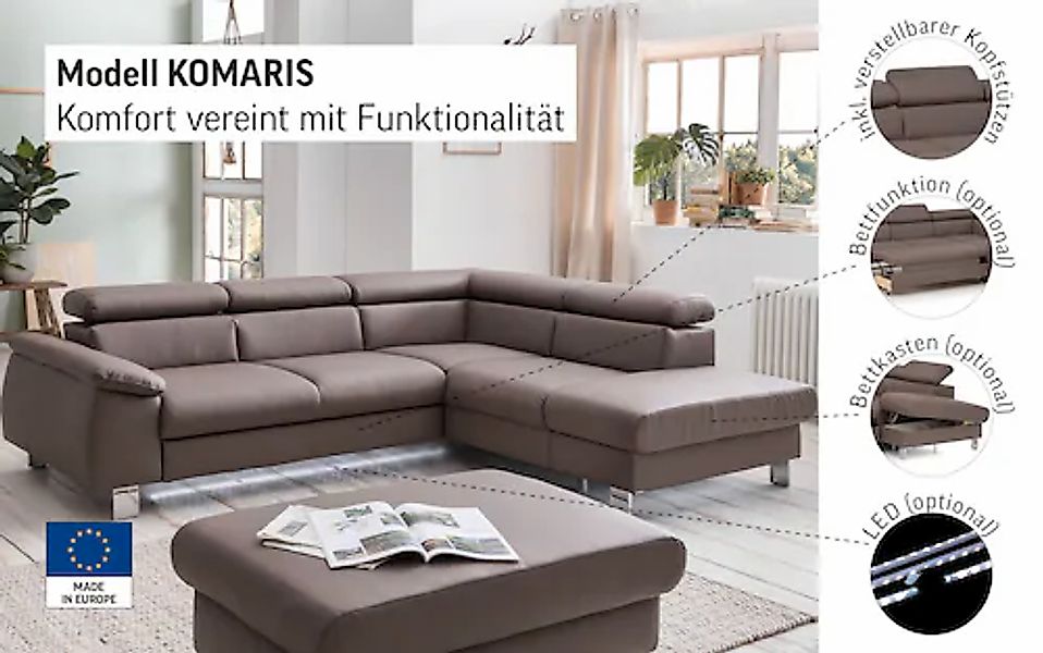 COTTA Ecksofa »Komaris L-Form mit Kopfteilverstellung«, wahlweise mit Bettf günstig online kaufen