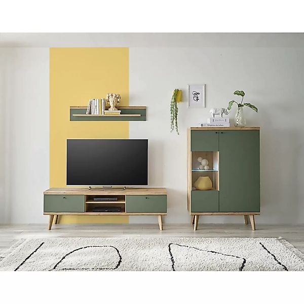 TV Wand in Eiche mit grün AVEZZANO-61 Modern 3-teilig, inkl. Beleuchtung günstig online kaufen