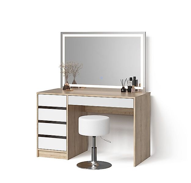 Livinity® Schminktisch Imola, Weiß/Sonoma/Sonoma, mit LED-Spiegel und Hocke günstig online kaufen
