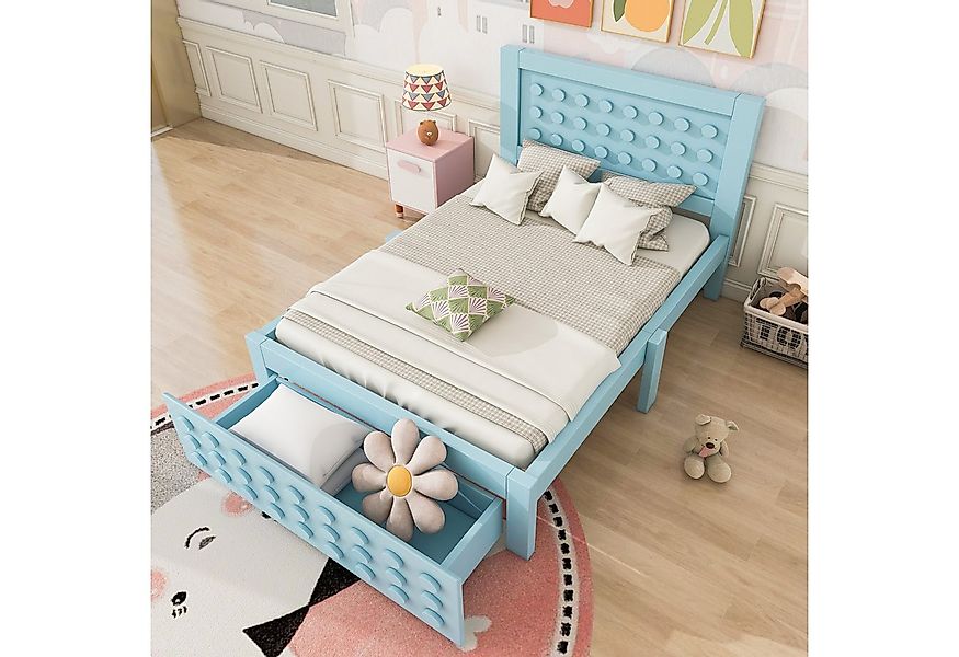 Flieks Kinderbett, Holzbett Einzelbett 90x200cm Bausteine-Form günstig online kaufen