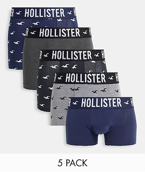 Hollister – Unterhosen in Marine/Schwarz/Grau mit All-over-Logo im 5er-Pack günstig online kaufen