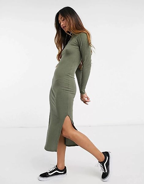 New Look – Hochgeschlossenes Bodycon-Kleid mit Rippenstruktur in Khaki-Grün günstig online kaufen