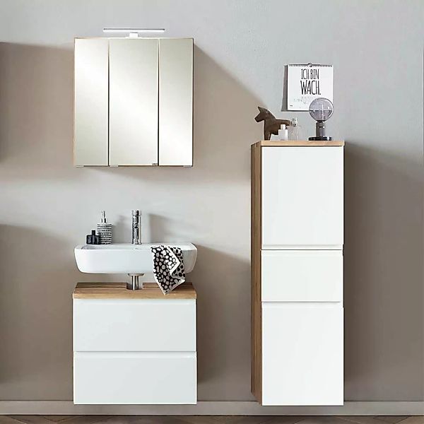 Möbel für kleines Badezimmer in Wildeichefarben Weiß (dreiteilig) günstig online kaufen