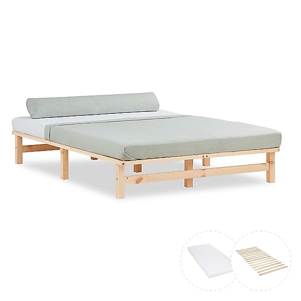 Homestyle4u Holzbett Jugendbett Palettenbett 140x200 mit Matratze Natur Fut günstig online kaufen
