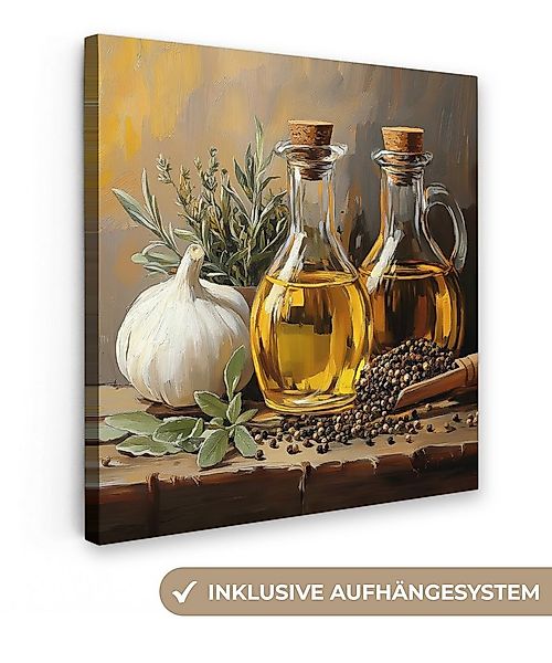 OneMillionCanvasses® Leinwandbild Stilleben - Olivenöl - Knoblauch - Kräute günstig online kaufen