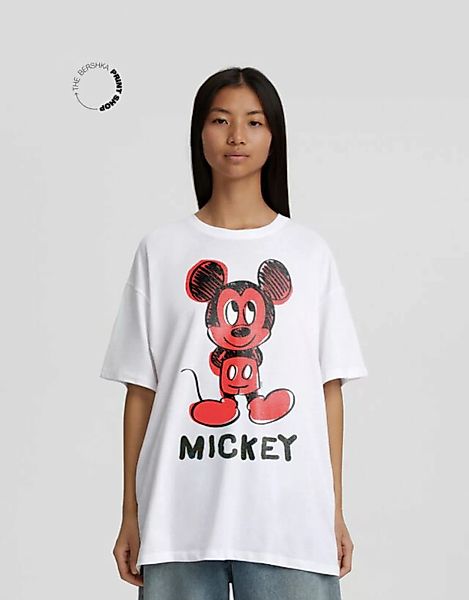 Bershka Kurzärmeliges Mickey-Oversizeshirt Mit Print Damen S Weiss günstig online kaufen