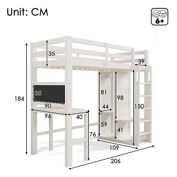 Flieks Hochbett Kinderbett 90x200cm mit Schreibtisch, offenen Kleiderschran günstig online kaufen