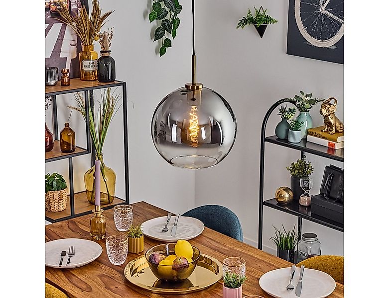 hofstein Hängeleuchte Hängelampe aus Metall/Glas in Schwarz/Gold/Rauchfarbe günstig online kaufen
