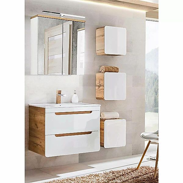 Badezimmer Set Hochglanz weiß mit Wotan Eiche Nb. LUTON-56 mit 81 cm Wascht günstig online kaufen