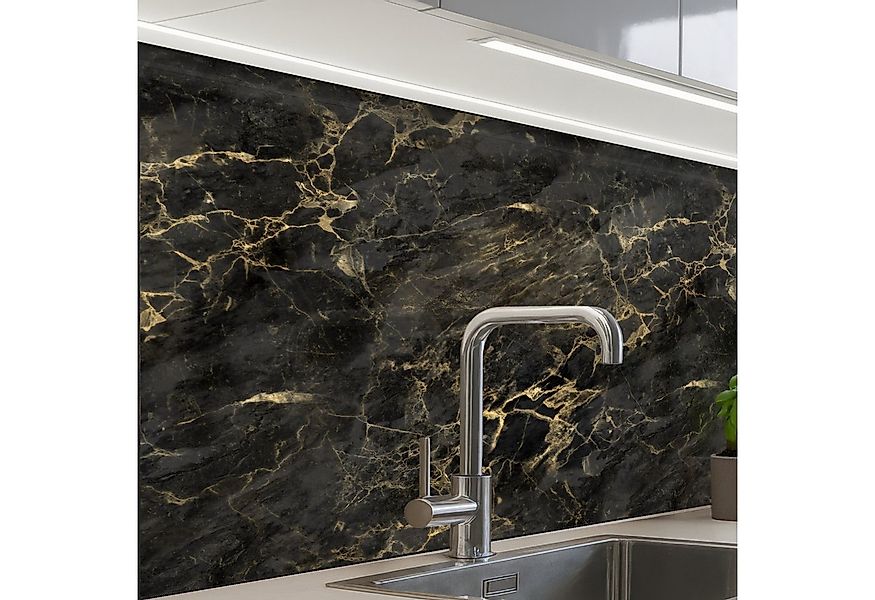KitchenYeah Küchenrückwand selbstklebend Schwarz - Marmor - Gold - Nerf, (1 günstig online kaufen
