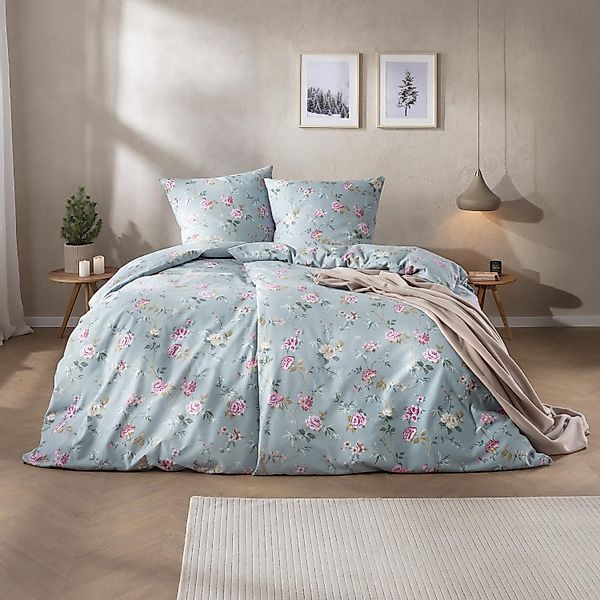 Estella Edelflanell Bettwäsche Corvara 5470-610 Rosen Blau 135x200 günstig online kaufen