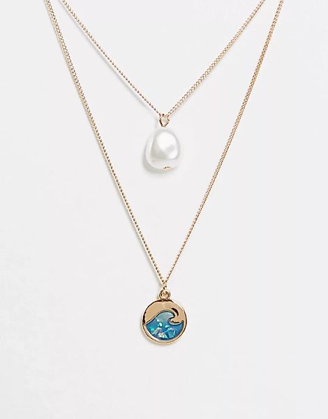 ASOS DESIGN – Goldfarbene, mehrreihige Halskette mit Perlen- und Opalanhäng günstig online kaufen