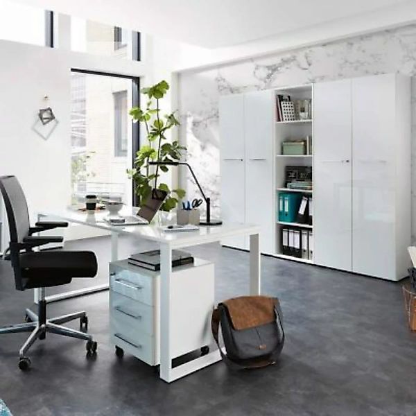 Lomadox Büromöbel Set mit weißen Glasfronten MONTERO-01 Design Schreibtisch günstig online kaufen