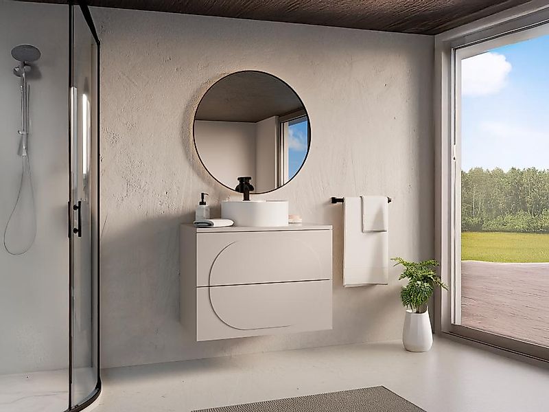 Badmöbel Hängeschrank + Aufsatzwaschbecken rund - Beige - 80 cm - VUTOMA günstig online kaufen