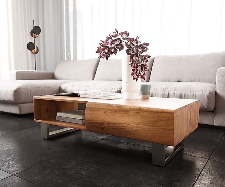 Couchtisch New Live-Edge 115x60 cm Akazie Natur 2 Schubladen 1 Fach Kufe Ed günstig online kaufen