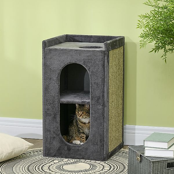 PawHut Kratztonne mit 2 Katzenhöhlen und 2 Ebenen, Liegefläche mit Sisal-Kr günstig online kaufen