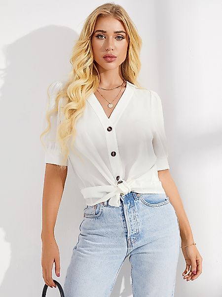 YOINS White Button Design Bluse mit V-Ausschnitt und halben Ärmeln günstig online kaufen