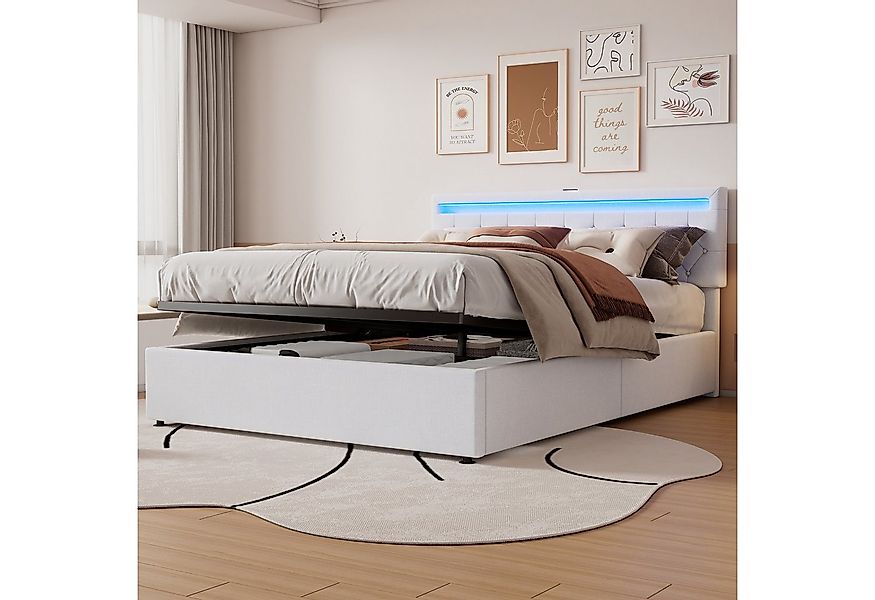 Flieks Polsterbett, LED Hydraulisches Doppelbett 160x200cm mit Ladefunktion günstig online kaufen