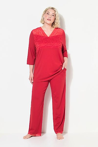 Ulla Popken Pyjama Pyjama Spitzeneinsatz V-Ausschnitt günstig online kaufen