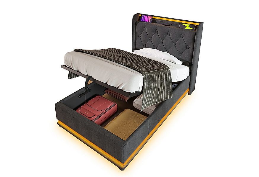 Flieks Polsterbett, LED Hydraulisches Stauraumbett Einzelbett 90x200cm mit günstig online kaufen