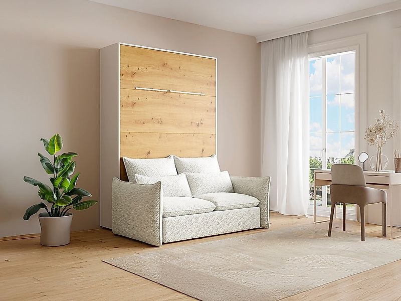 Schrankbett 140 x 200 cm - Manuelle vertikale Öffnung - Mit LEDs - Weiß & N günstig online kaufen