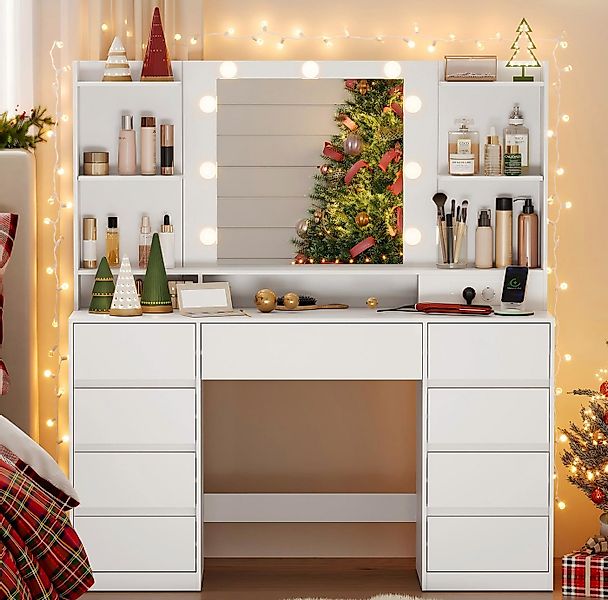 VASAGLE Schminktisch mit Spiegel und LED-Leuchten, Steckdosenleiste, Schubl günstig online kaufen