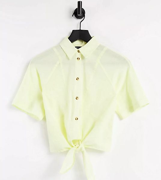 ASOS DESIGN Petite – Kurzärmliges Leinenhemd zum Binden vorn in Zitronengel günstig online kaufen