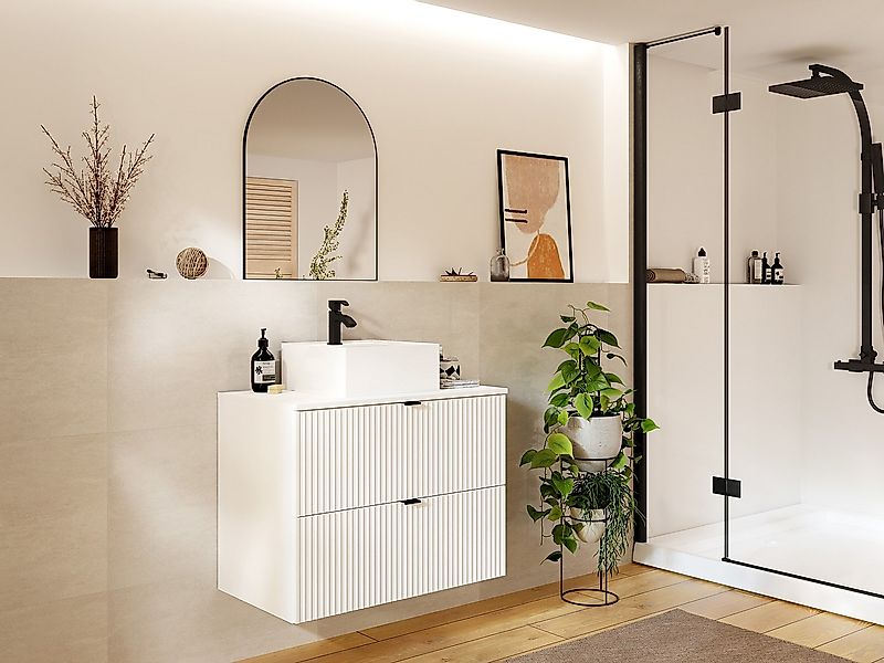 Waschbeckenunterschrank hängend - Streifenoptik - Weiß - 80 cm - ZEVINI günstig online kaufen
